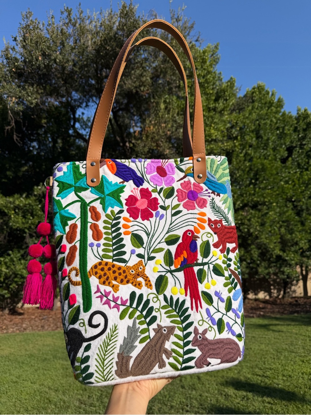 Hand-Embroidered White Tote Bag with Colorful Jungle Motif